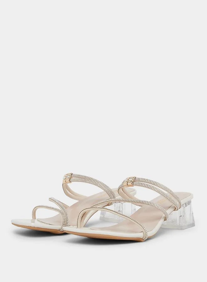 Take Two Beige Rhinestone Block Heel Sandals